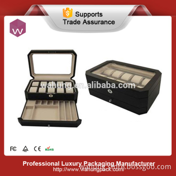 2 layer 10 slot black PU leather jewelry watch display box with drawer